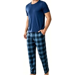 SWOMOG Men Pajama Sets for Christmas Long Sleeve Sleepwear Plaid Pants with Pockets(Black&blue Plaid)