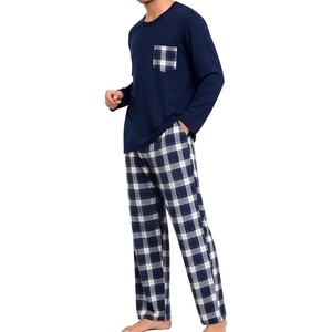 SWOMOG Men Pajama Sets for Christmas Long Sleeve Sleepwear Plaid Pants with Pockets(Navy Blue Plaid)