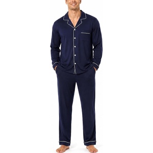 SWOMOG Mens 100% Cotton Pajama Sets, Soft Long Sleeve Sleepwear Pjs Sets(Navy Blue)