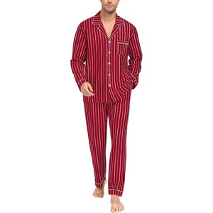 SWOMOG Mens 100% Cotton Pajama Sets, Soft Long Sleeve Sleepwear Pjs Sets(Wine Red Striped)