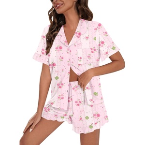 SWOMOG Woman Pajama Set Short Sleeve Pjs Set 2Pcs Short Pajamas Button Down Ruffle Hem Sleepwear Soft Modal Loungewear(Pink Rose Floral)