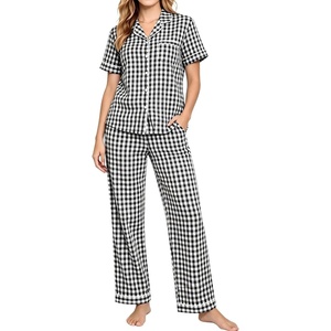 SWOMOG Women 100% Cotton Pajamas Set 2PCS Button-Down Sleepwear Tops and Pants with Pocket Summer Loungewear S-XXL(Black&white Plaid)