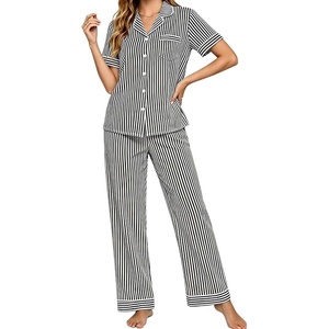SWOMOG Women 100% Cotton Pajamas Set 2PCS Button-Down Sleepwear Tops and Pants with Pocket Summer Loungewear S-XXL(Black&white Stripes)