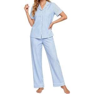 SWOMOG Women 100% Cotton Pajamas Set 2PCS Button-Down Sleepwear Tops and Pants with Pocket Summer Loungewear S-XXL(Blue&white Stripes)