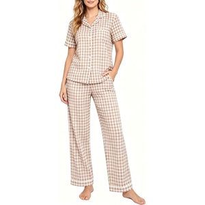 SWOMOG Women 100% Cotton Pajamas Set 2PCS Button-Down Sleepwear Tops and Pants with Pocket Summer Loungewear S-XXL(Light Brown&white Plaid)