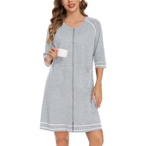 SWOMOG Women Zip Up Robe 3/4 Sleeve Housecoat Soft Cotton Zipper Front Nightgown Loungewear with Pockets