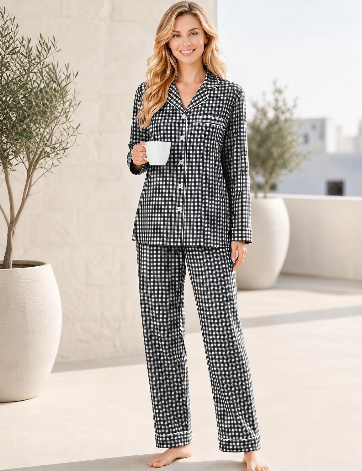 image:imageSWOMOG 100 Cotton Women Pajamas Set Long Sleeve Sleepwear 2 PCS Loungewear Set Button Down Pjs Set with PocketsBlack White Plaid