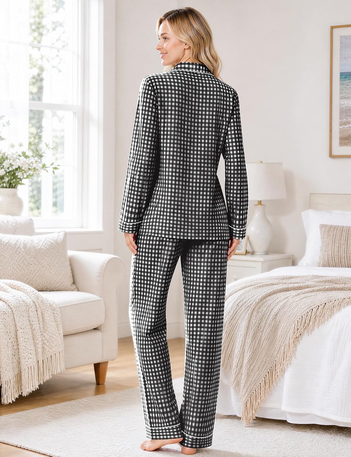 image:imageSWOMOG 100 Cotton Women Pajamas Set Long Sleeve Sleepwear 2 PCS Loungewear Set Button Down Pjs Set with PocketsBlack White Plaid