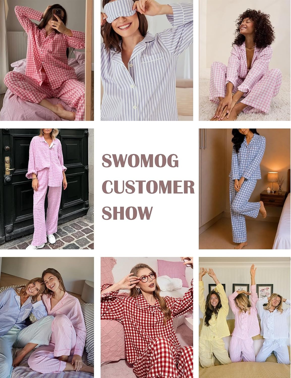 image:imageSWOMOG 100 Cotton Women Pajamas Set Long Sleeve Sleepwear 2 PCS Loungewear Set Button Down Pjs Set with PocketsBlue White Plaid