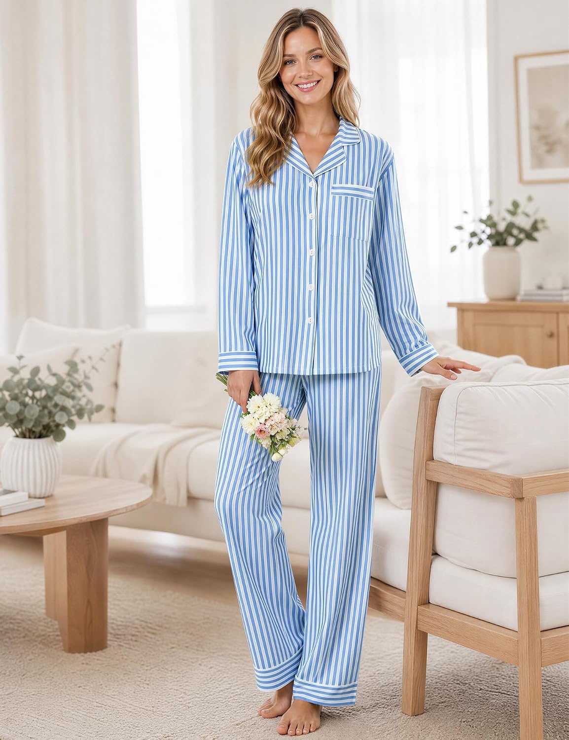 image:imageSWOMOG 100 Cotton Women Pajamas Set Long Sleeve Sleepwear 2 PCS Loungewear Set Button Down Pjs Set with PocketsBlue White Stripes