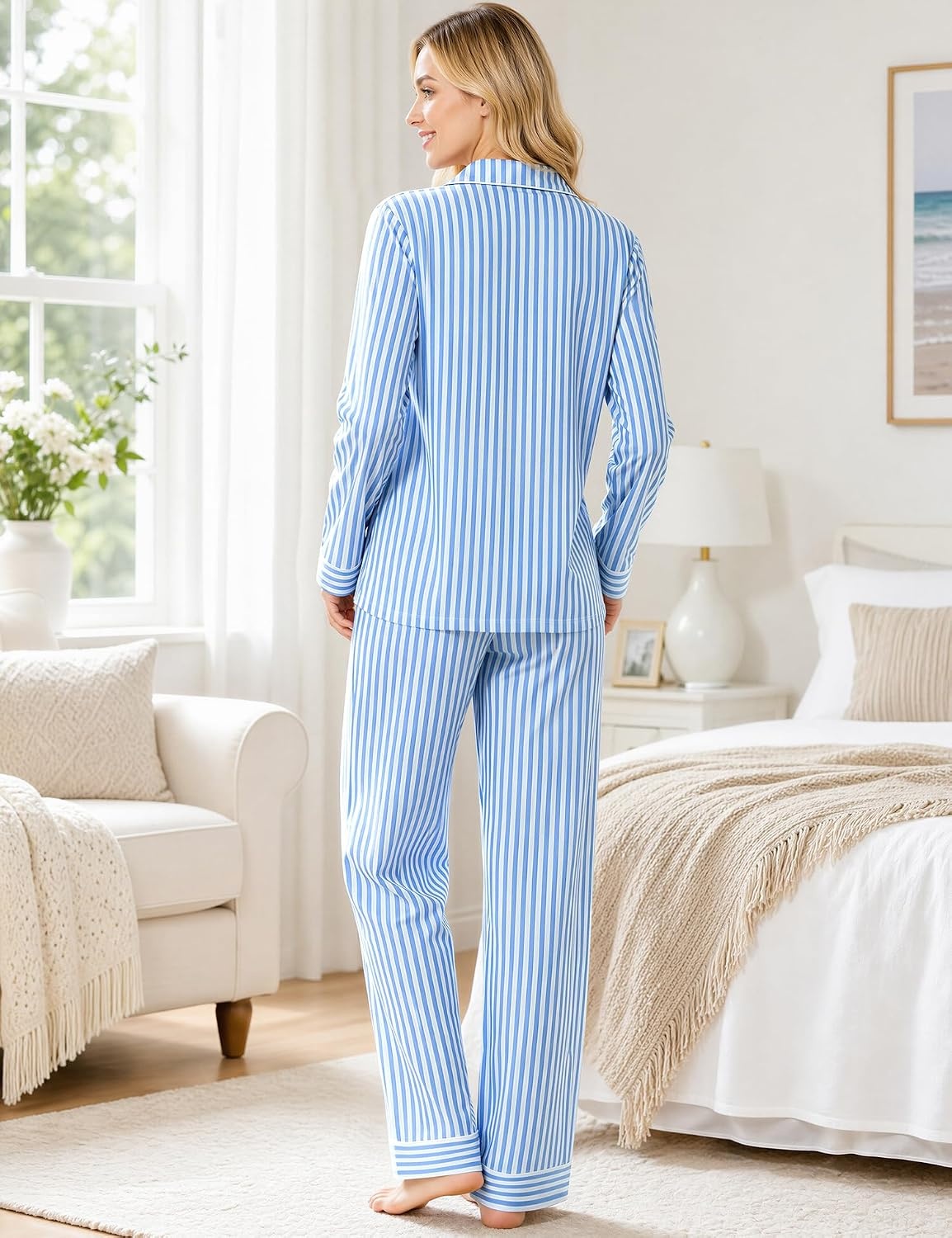 image:imageSWOMOG 100 Cotton Women Pajamas Set Long Sleeve Sleepwear 2 PCS Loungewear Set Button Down Pjs Set with PocketsBlue White Stripes