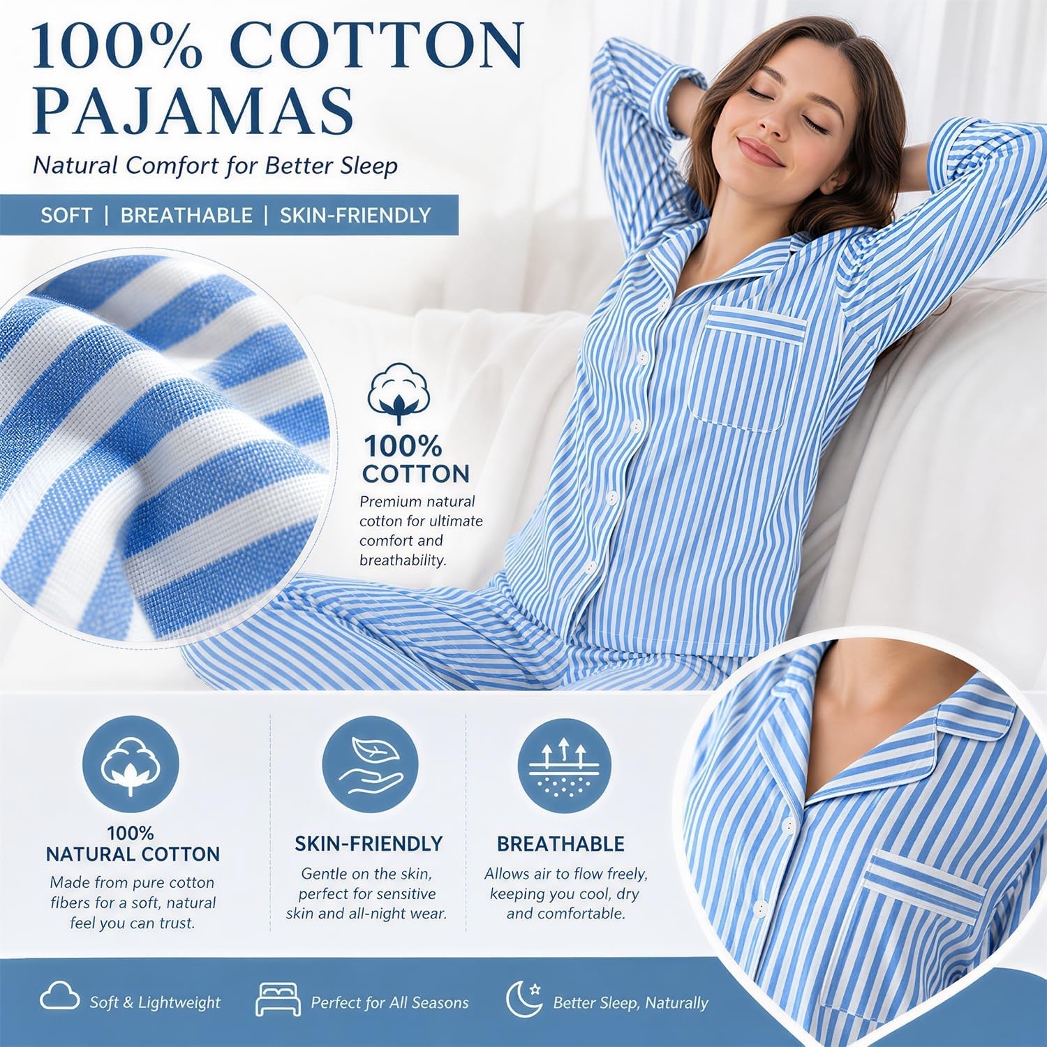 image:imageSWOMOG 100 Cotton Women Pajamas Set Long Sleeve Sleepwear 2 PCS Loungewear Set Button Down Pjs Set with PocketsBlue White Stripes