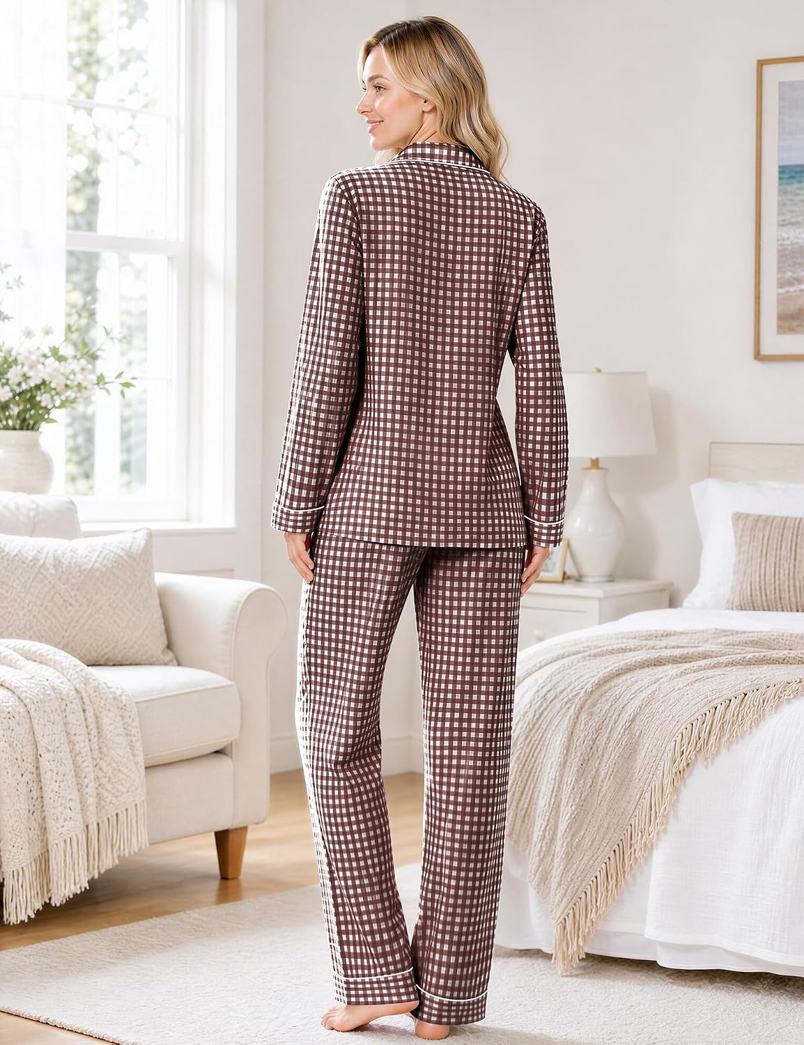 image:imageSWOMOG 100 Cotton Women Pajamas Set Long Sleeve Sleepwear 2 PCS Loungewear Set Button Down Pjs Set with PocketsBrown White Plaid
