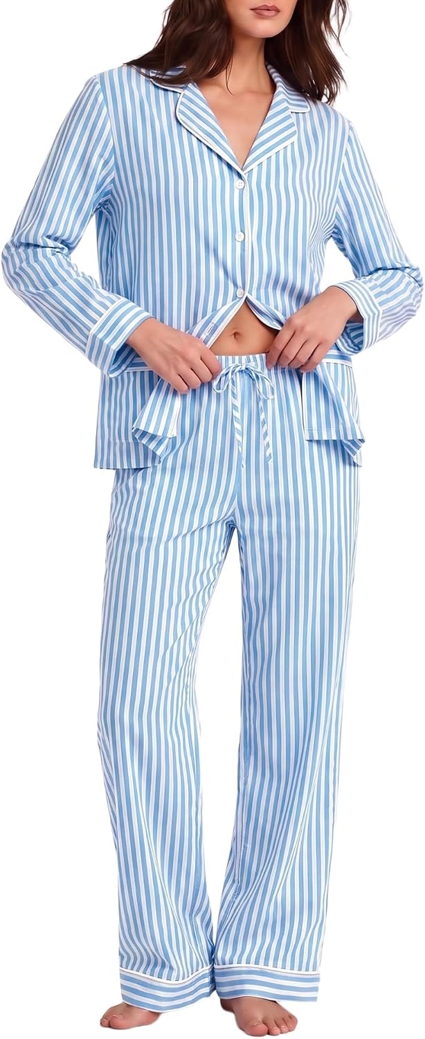 image:imageSWOMOG 100 Cotton Women Pajamas Set Long Sleeve Sleepwear Button Down Lounge Set 2 Piece Nightwear with PocketBlue White Stripes