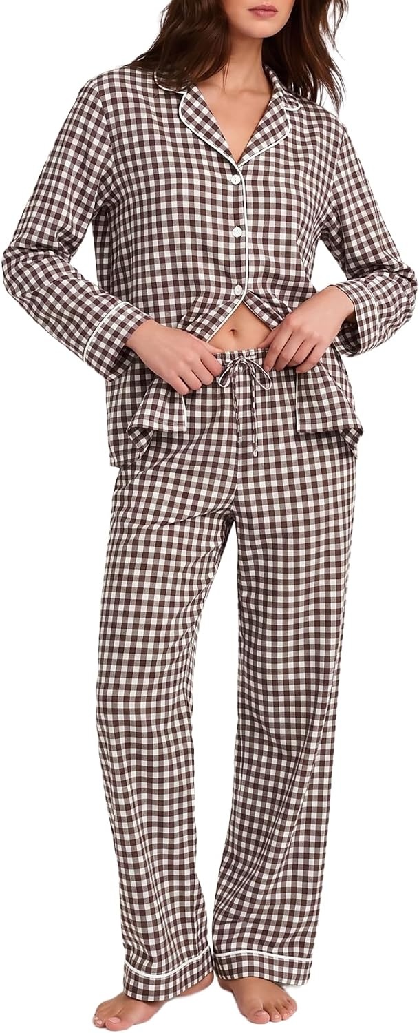 image:imageSWOMOG 100 Cotton Women Pajamas Set Long Sleeve Sleepwear Button Down Lounge Set 2 Piece Nightwear with PocketBrown White Plaid