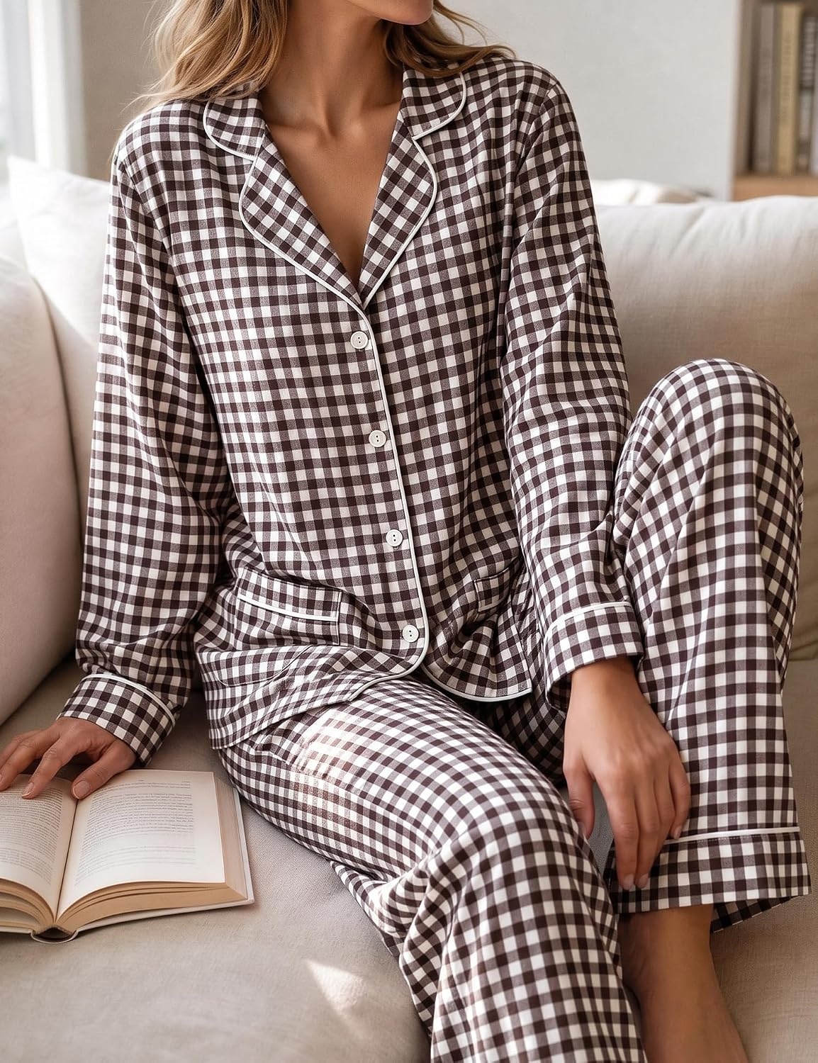 image:imageSWOMOG 100 Cotton Women Pajamas Set Long Sleeve Sleepwear Button Down Lounge Set 2 Piece Nightwear with PocketBrown White Plaid