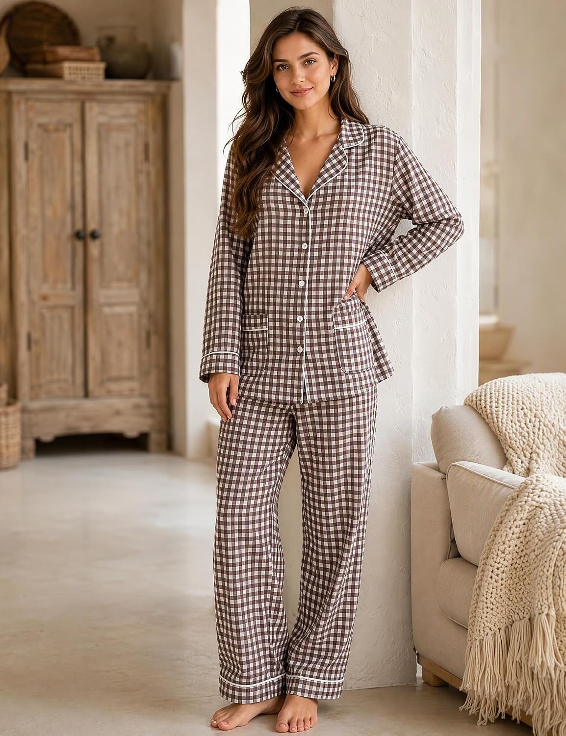 image:imageSWOMOG 100 Cotton Women Pajamas Set Long Sleeve Sleepwear Button Down Lounge Set 2 Piece Nightwear with PocketBrown White Plaid