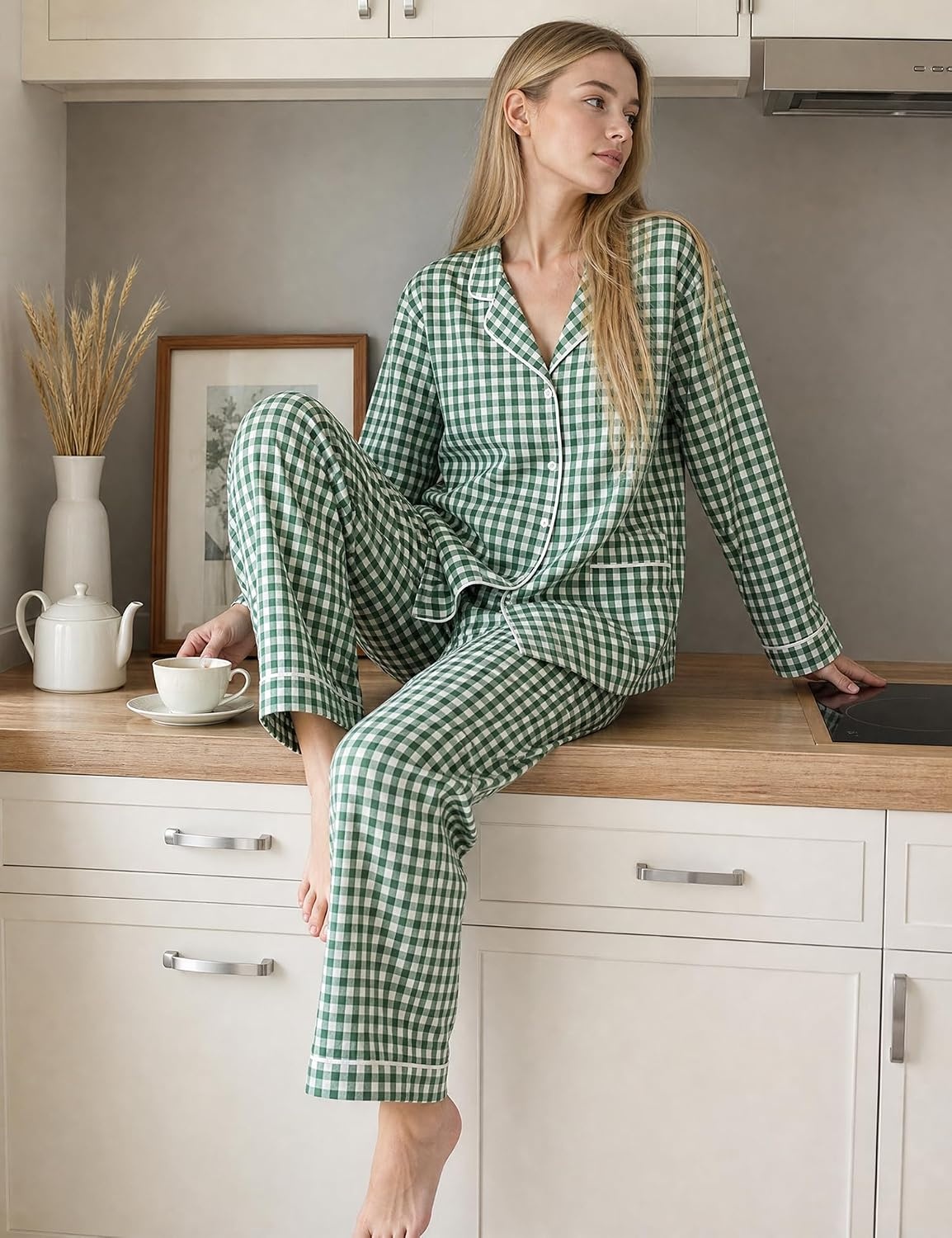 image:imageSWOMOG 100 Cotton Women Pajamas Set Long Sleeve Sleepwear Button Down Lounge Set 2 Piece Nightwear with PocketGreen White Plaid