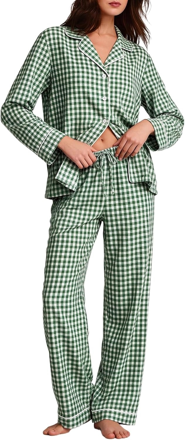 image:imageSWOMOG 100 Cotton Women Pajamas Set Long Sleeve Sleepwear Button Down Lounge Set 2 Piece Nightwear with PocketGreen White Plaid