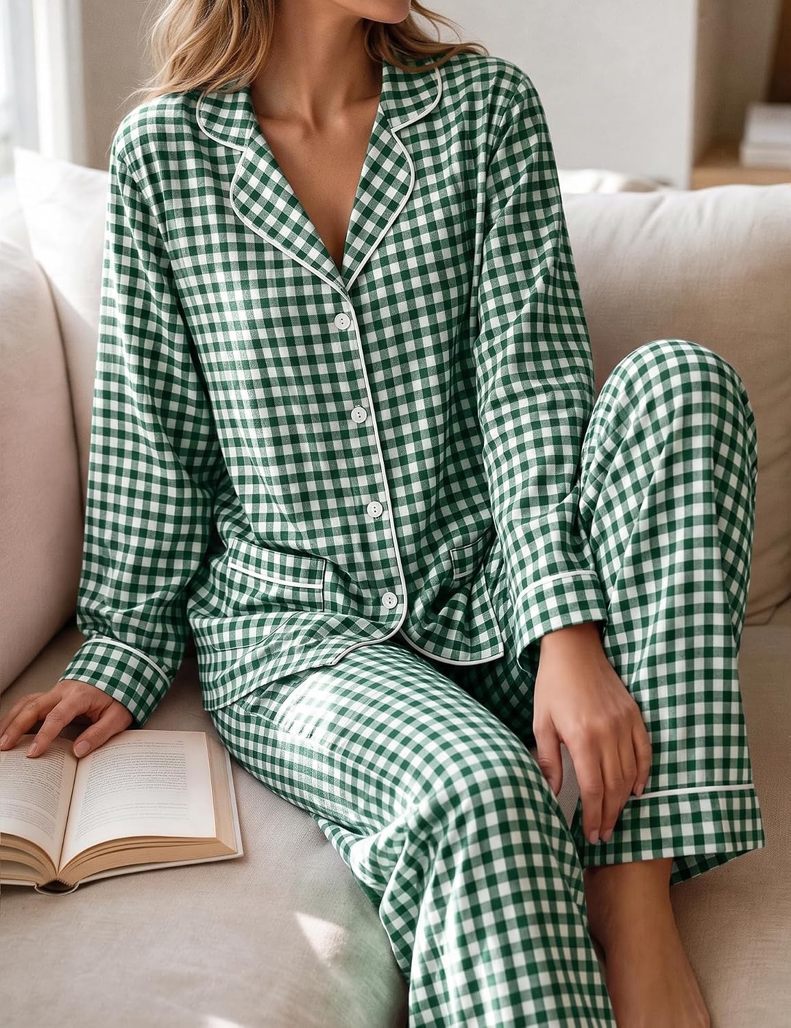 image:imageSWOMOG 100 Cotton Women Pajamas Set Long Sleeve Sleepwear Button Down Lounge Set 2 Piece Nightwear with PocketGreen White Plaid