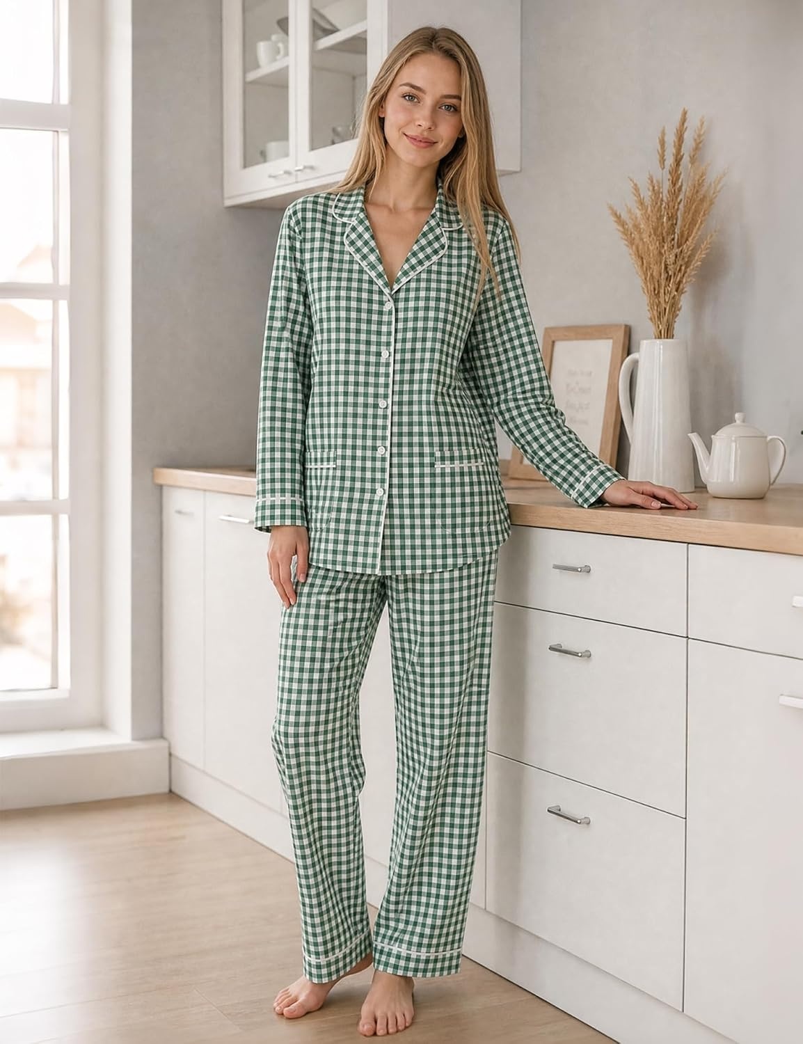 image:imageSWOMOG 100 Cotton Women Pajamas Set Long Sleeve Sleepwear Button Down Lounge Set 2 Piece Nightwear with PocketGreen White Plaid