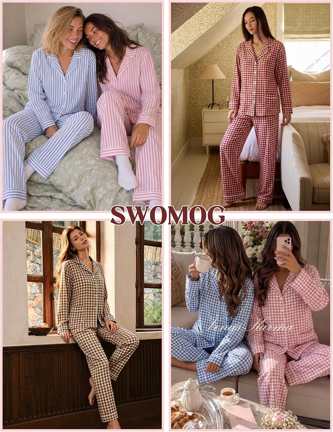 image:imageSWOMOG 100 Cotton Women Pajamas Set Long Sleeve Sleepwear Button Down Lounge Set 2 Piece Nightwear with PocketPink White Plaid
