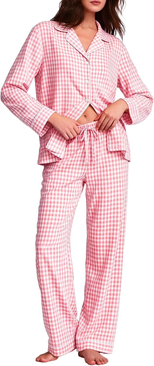image:imageSWOMOG 100 Cotton Women Pajamas Set Long Sleeve Sleepwear Button Down Lounge Set 2 Piece Nightwear with PocketPink White Plaid