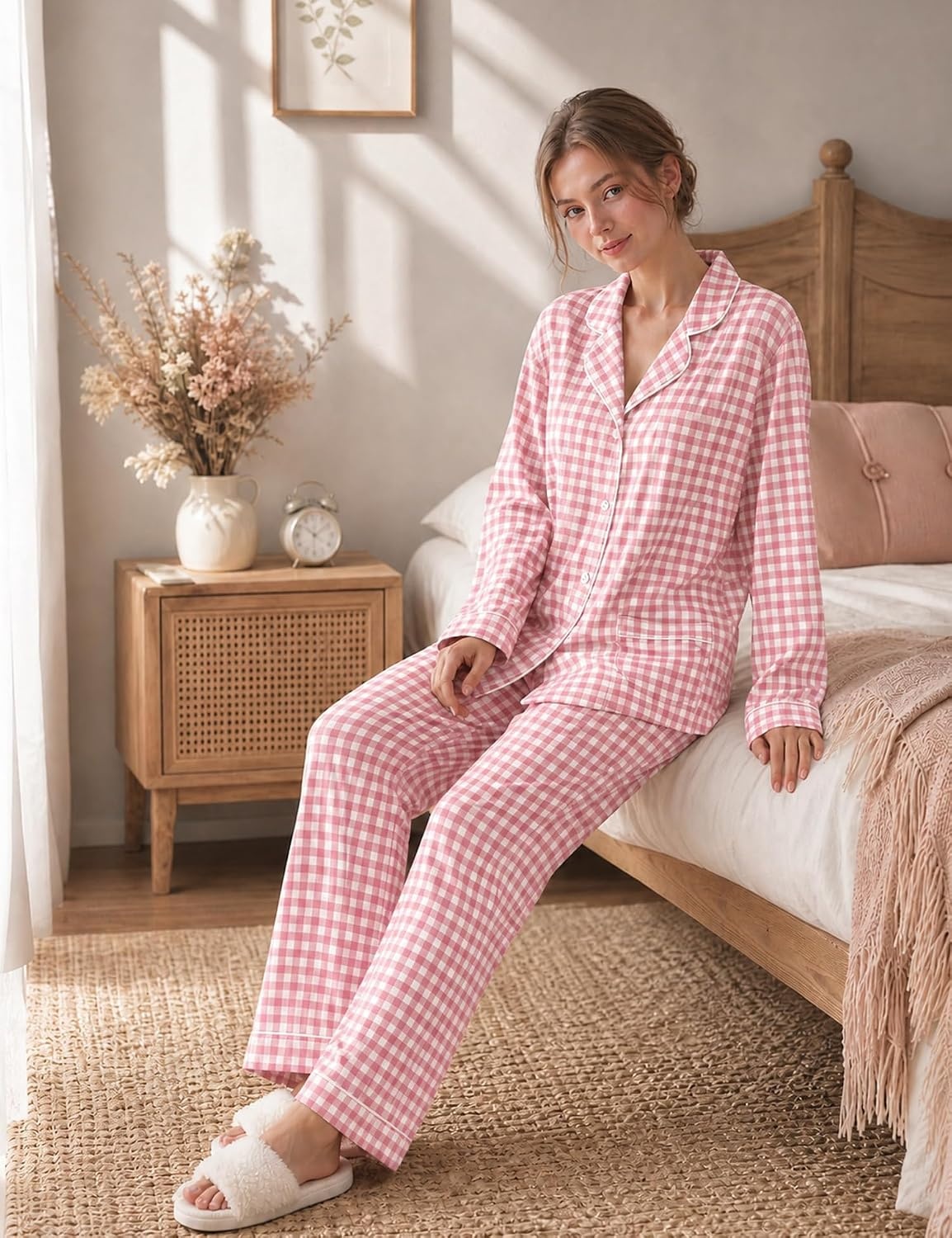 image:imageSWOMOG 100 Cotton Women Pajamas Set Long Sleeve Sleepwear Button Down Lounge Set 2 Piece Nightwear with PocketPink White Plaid