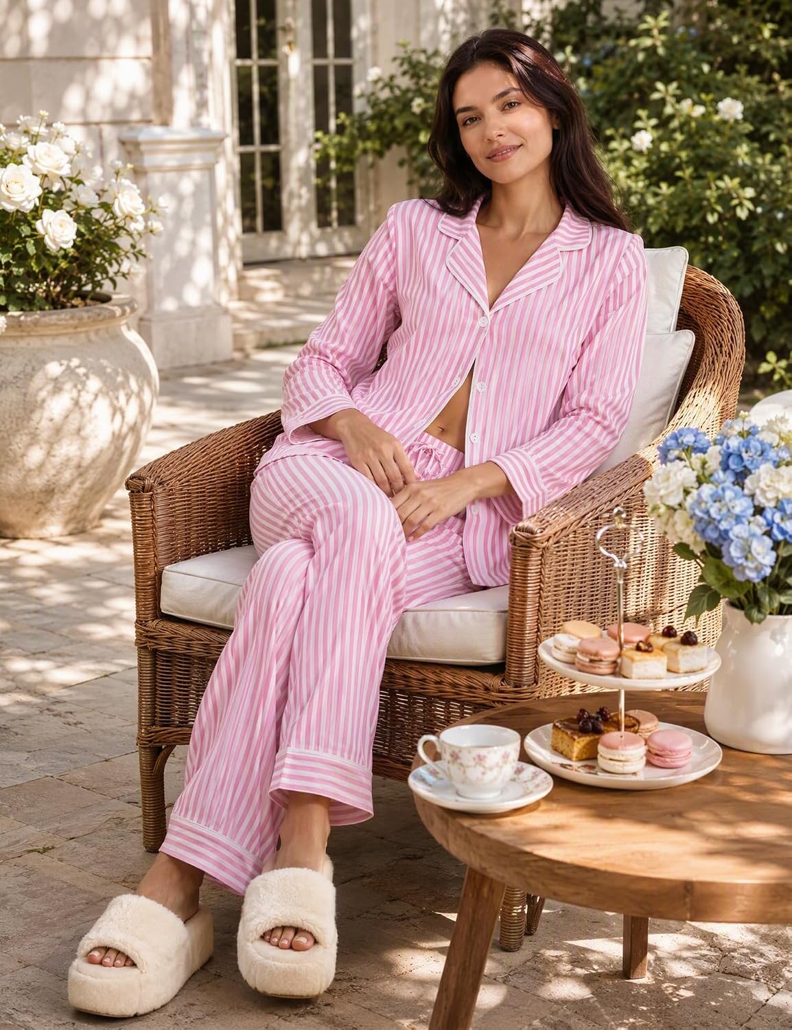 image:imageSWOMOG 100 Cotton Women Pajamas Set Long Sleeve Sleepwear Button Down Lounge Set 2 Piece Nightwear with PocketPink White Stripes