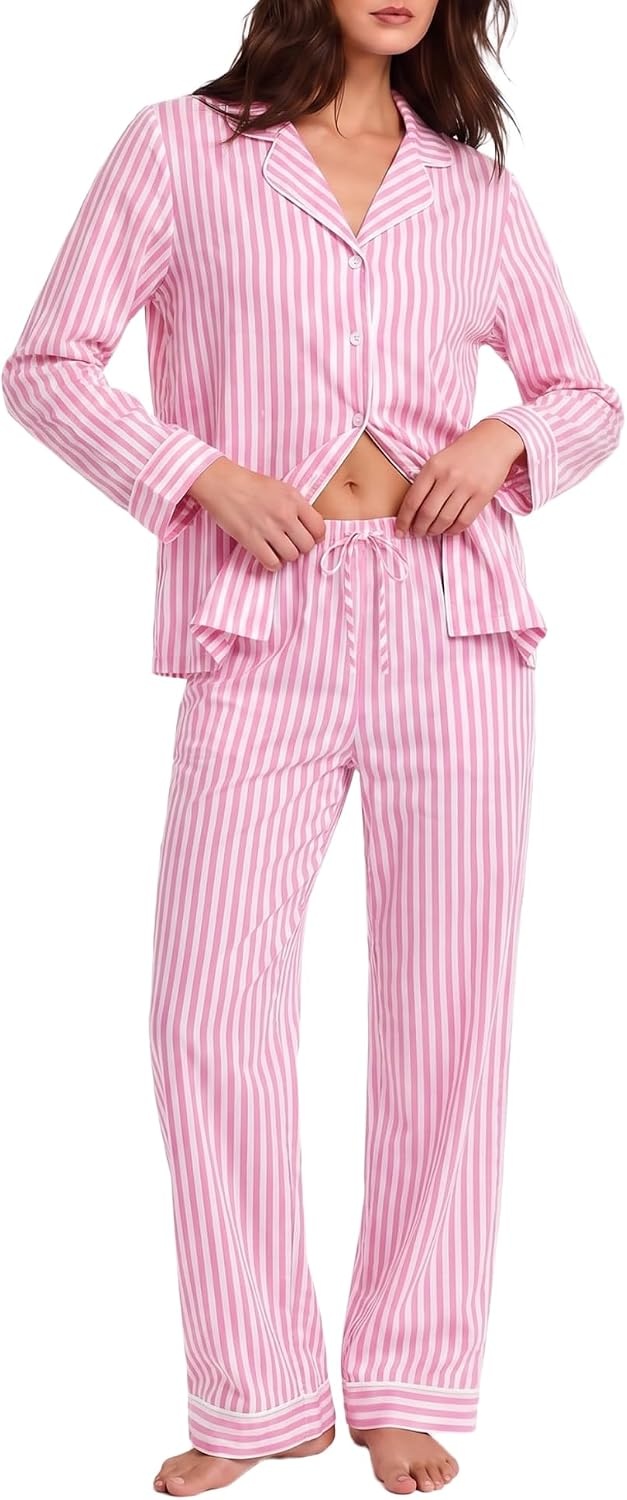 image:imageSWOMOG 100 Cotton Women Pajamas Set Long Sleeve Sleepwear Button Down Lounge Set 2 Piece Nightwear with PocketPink White Stripes