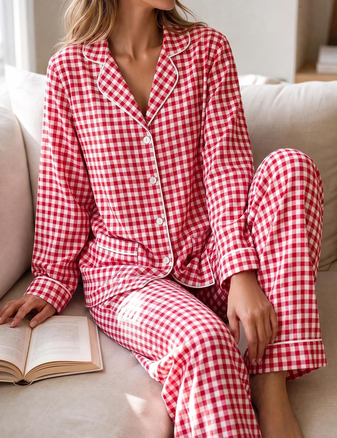 image:imageSWOMOG 100 Cotton Women Pajamas Set Long Sleeve Sleepwear Button Down Lounge Set 2 Piece Nightwear with PocketRed White Plaid
