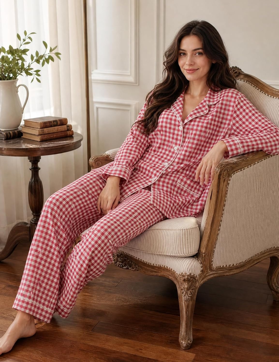 image:imageSWOMOG 100 Cotton Women Pajamas Set Long Sleeve Sleepwear Button Down Lounge Set 2 Piece Nightwear with PocketRed White Plaid