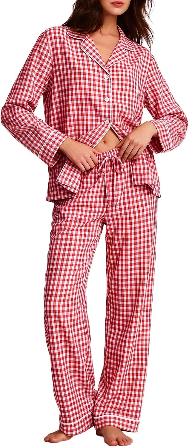 image:imageSWOMOG 100 Cotton Women Pajamas Set Long Sleeve Sleepwear Button Down Lounge Set 2 Piece Nightwear with PocketRed White Plaid