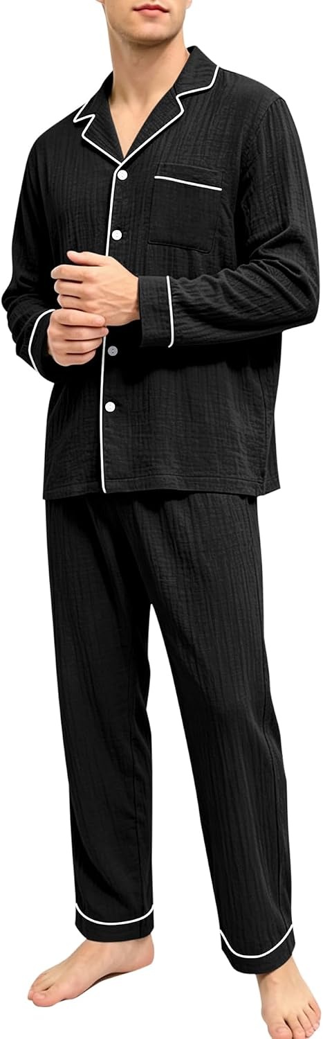 image:imageSWOMOG Mens 100 Cotton Pajama Set Pjs Long Sleeve Sleepwear with PocketsBlack