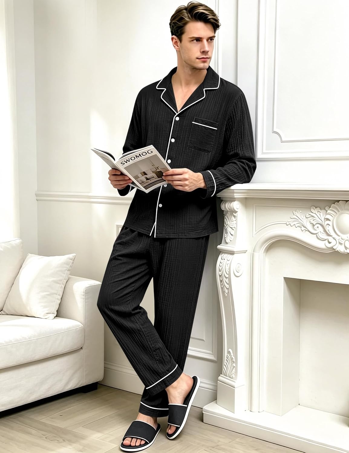 image:imageSWOMOG Mens 100 Cotton Pajama Set Pjs Long Sleeve Sleepwear with PocketsBlack