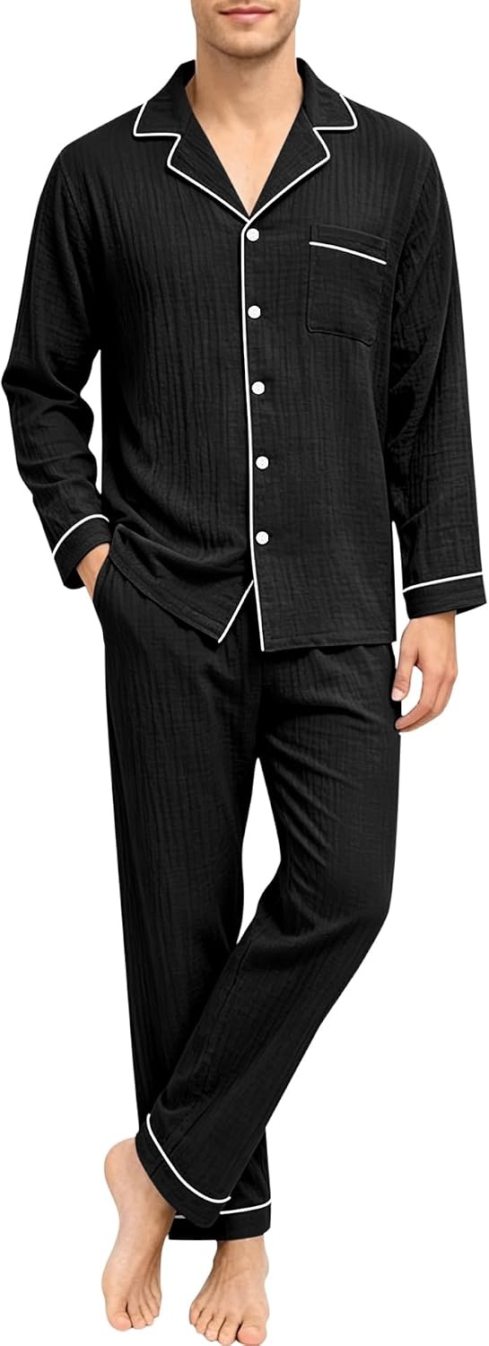 image:imageSWOMOG Mens 100 Cotton Pajama Set Pjs Long Sleeve Sleepwear with PocketsBlack