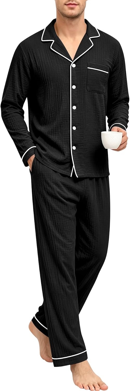 image:imageSWOMOG Mens 100 Cotton Pajama Set Pjs Long Sleeve Sleepwear with PocketsBlack