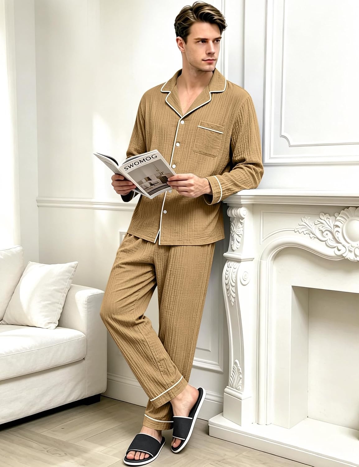 image:imageSWOMOG Mens 100 Cotton Pajama Set Pjs Long Sleeve Sleepwear with PocketsBrown
