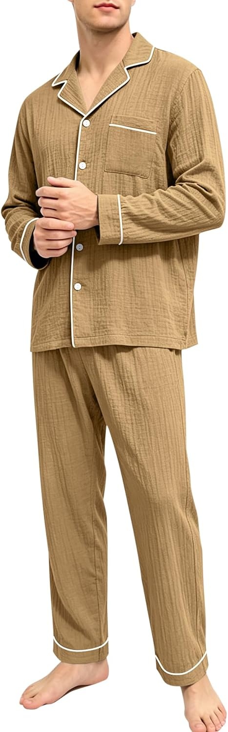 image:imageSWOMOG Mens 100 Cotton Pajama Set Pjs Long Sleeve Sleepwear with PocketsBrown