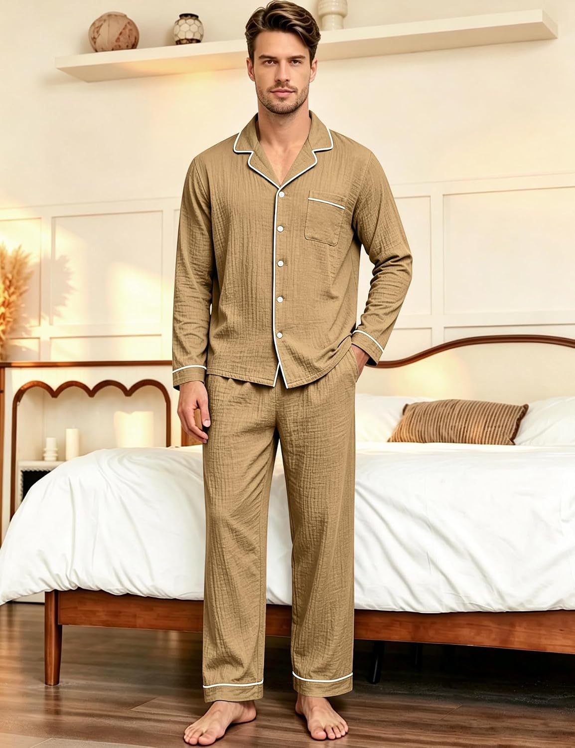 image:imageSWOMOG Mens 100 Cotton Pajama Set Pjs Long Sleeve Sleepwear with PocketsBrown