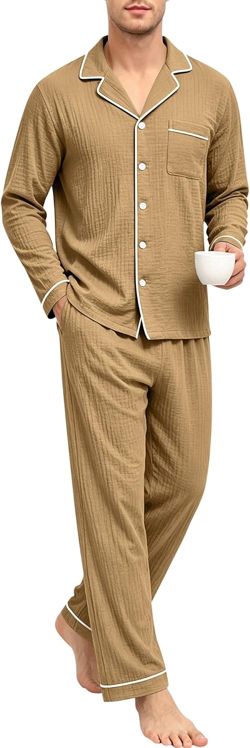 image:imageSWOMOG Mens 100 Cotton Pajama Set Pjs Long Sleeve Sleepwear with PocketsBrown