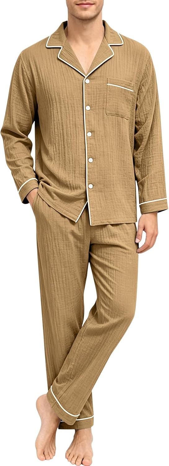 image:imageSWOMOG Mens 100 Cotton Pajama Set Pjs Long Sleeve Sleepwear with PocketsBrown