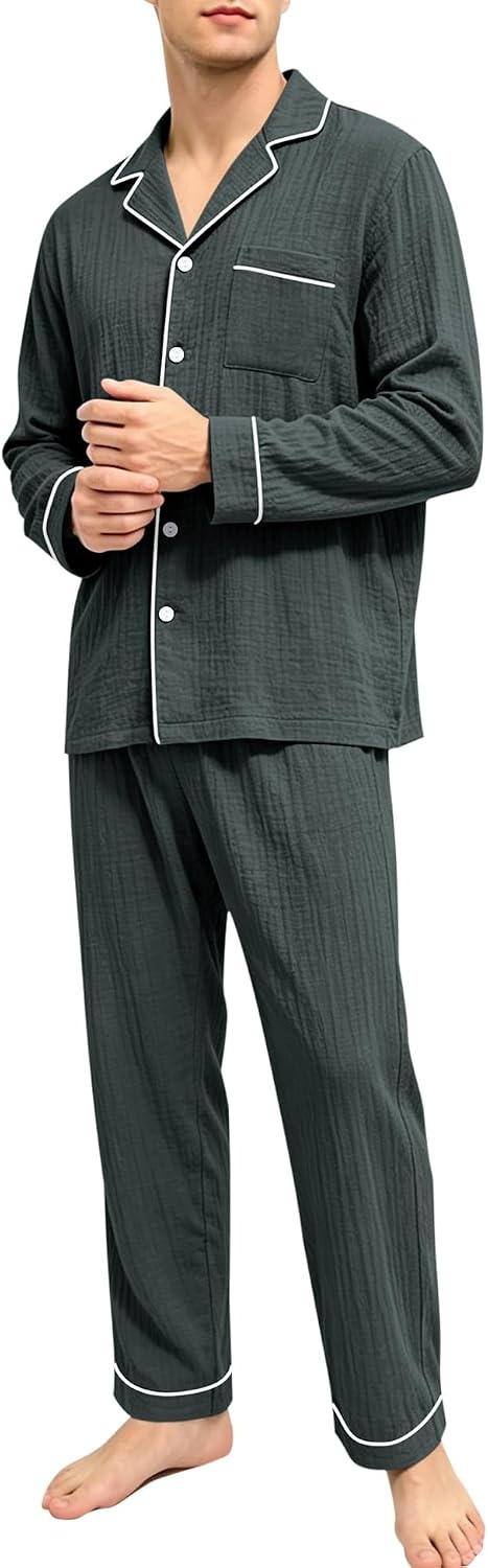 image:imageSWOMOG Mens 100 Cotton Pajama Set Pjs Long Sleeve Sleepwear with PocketsDeep Grey