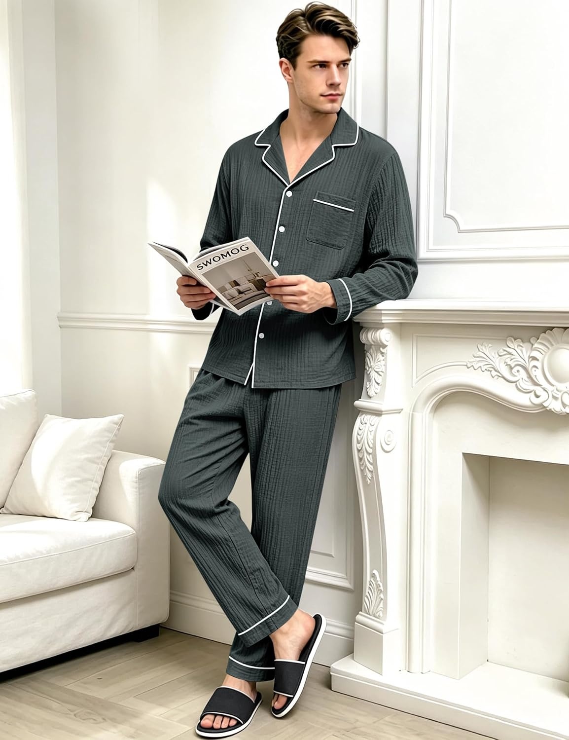 image:imageSWOMOG Mens 100 Cotton Pajama Set Pjs Long Sleeve Sleepwear with PocketsDeep Grey