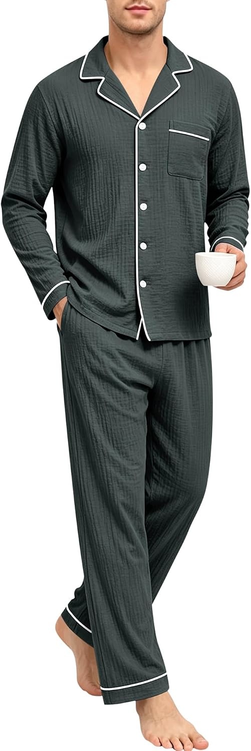 image:imageSWOMOG Mens 100 Cotton Pajama Set Pjs Long Sleeve Sleepwear with PocketsDeep Grey
