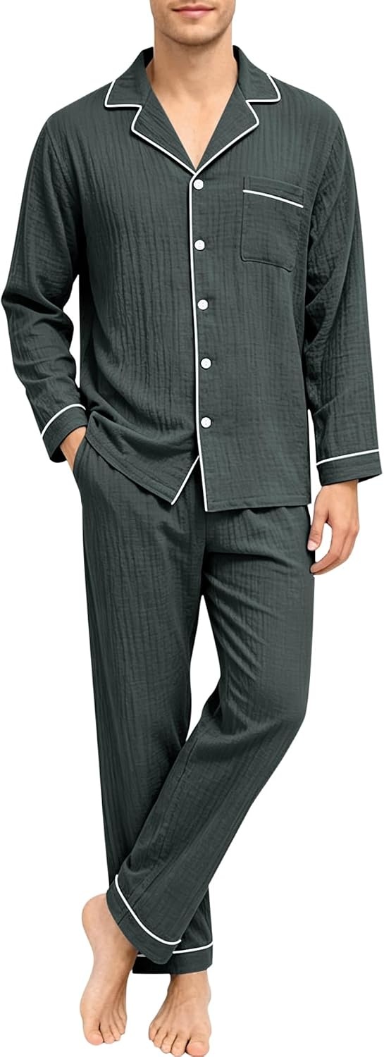 image:imageSWOMOG Mens 100 Cotton Pajama Set Pjs Long Sleeve Sleepwear with PocketsDeep Grey