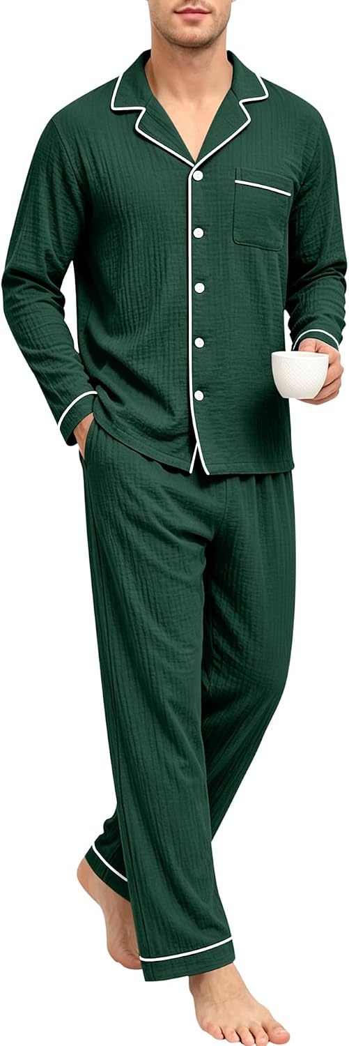 image:imageSWOMOG Mens 100 Cotton Pajama Set Pjs Long Sleeve Sleepwear with PocketsGreen