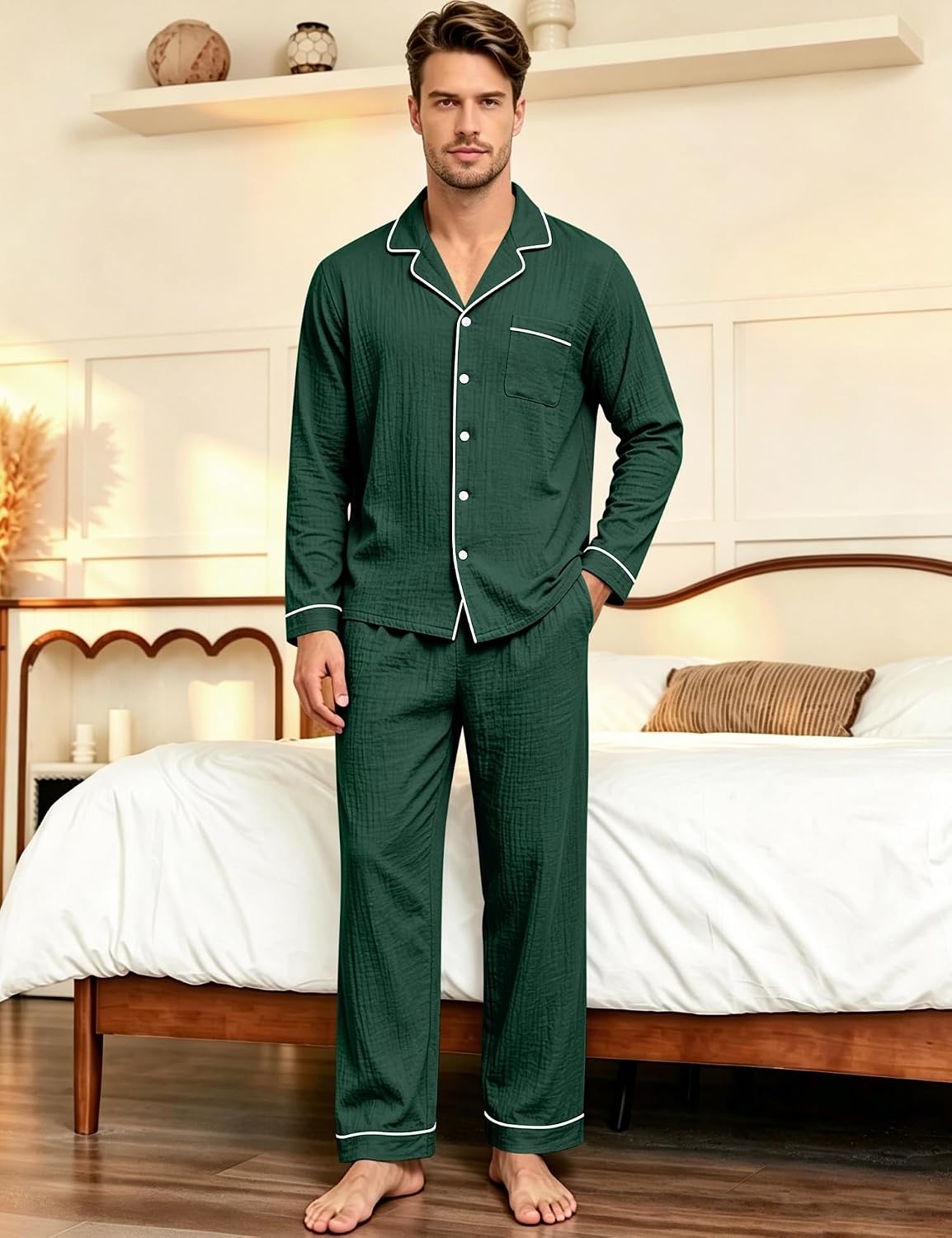 image:imageSWOMOG Mens 100 Cotton Pajama Set Pjs Long Sleeve Sleepwear with PocketsGreen