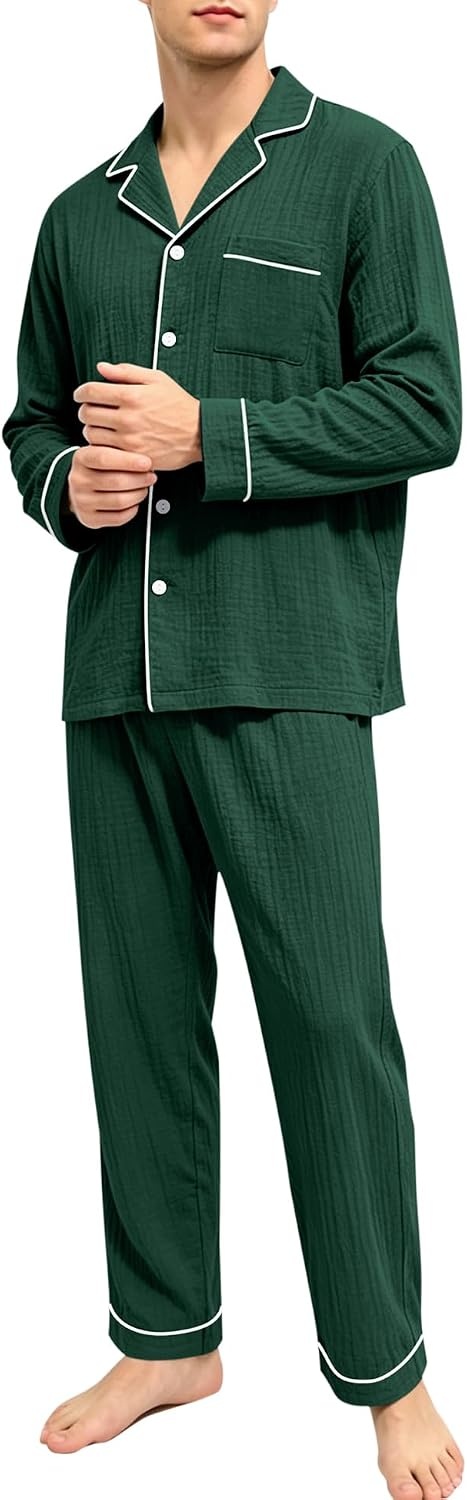 image:imageSWOMOG Mens 100 Cotton Pajama Set Pjs Long Sleeve Sleepwear with PocketsGreen