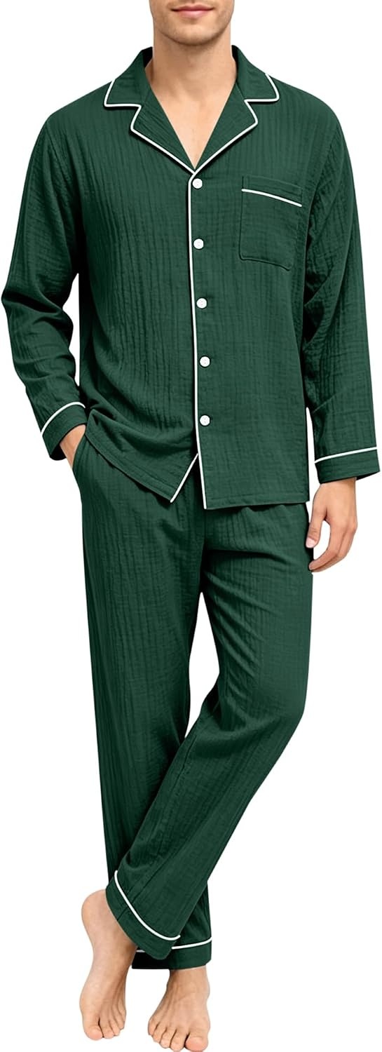 image:imageSWOMOG Mens 100 Cotton Pajama Set Pjs Long Sleeve Sleepwear with PocketsGreen